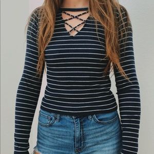 navy striped, long sleeve, fitted shirt